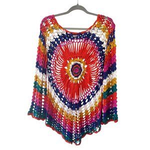 Vintage Venus Boho Crochet Poncho Sweater S/M Psychedelic Multicolor Knit